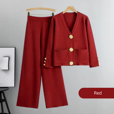 Golden Button Patch Pocket Knit Cardigan and Pants Set