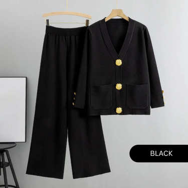 Golden Button Patch Pocket Knit Cardigan and Pants Set