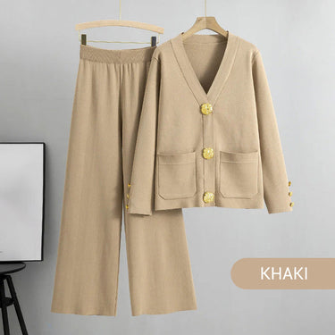 Golden Button Patch Pocket Knit Cardigan and Pants Set