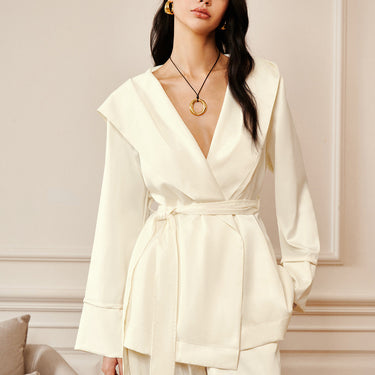 Satin Solid Hood Belted Shirt