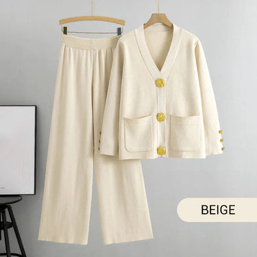 Golden Button Patch Pocket Knit Cardigan and Pants Set